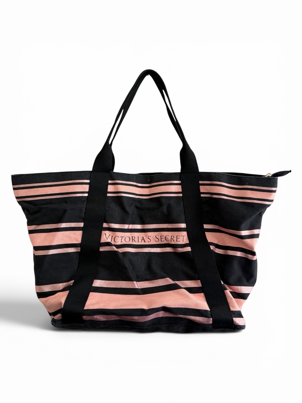 Victoria's Secret Black and Blush Striped Canvas Tote